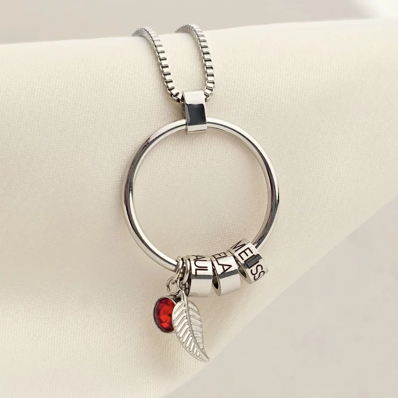 Lantisor Cercul Familiei - Elemente personalizate, charm Zirconia si pana - Otel Inoxidabil 316L picture - 2