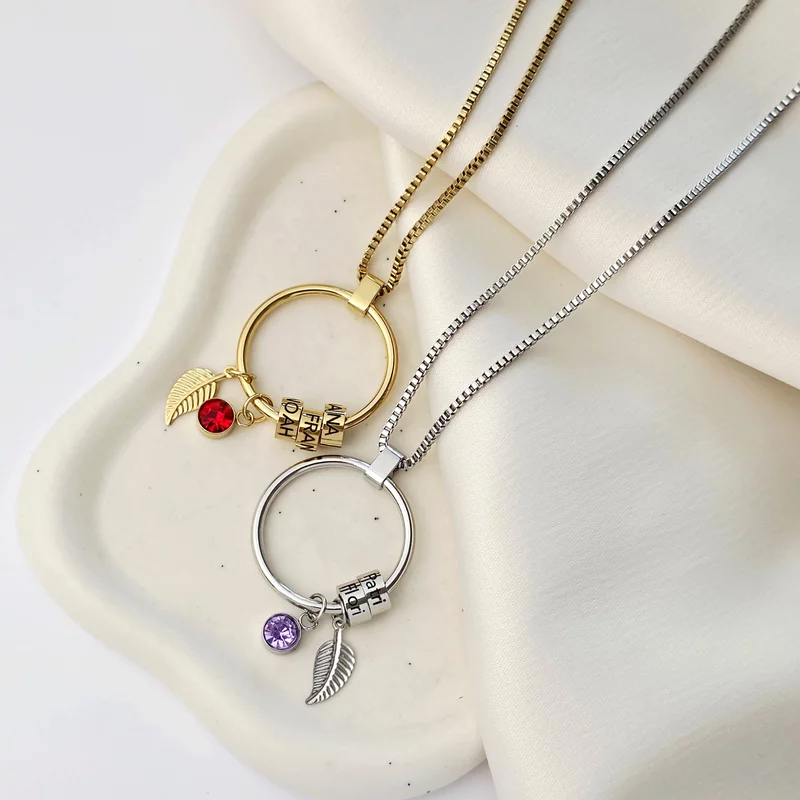Lantisor Cercul Familiei - Elemente personalizate, charm Zirconia si pana - Otel Inoxidabil 316L picture - 2