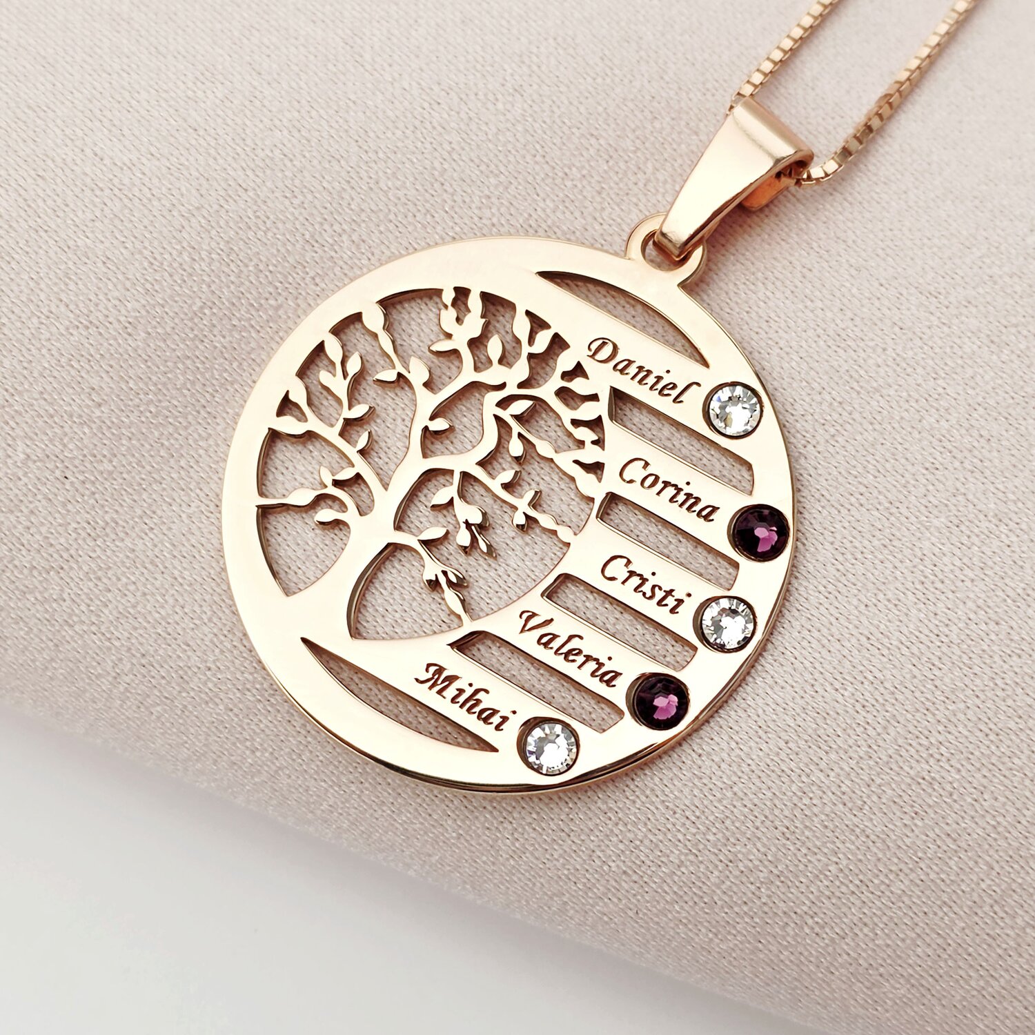 Lantisor Copacul Vietii ARMONIE - Personalizat cu 5 Nume si Cristale Swarovski - Argint 925 placat cu Aur Roz 18K