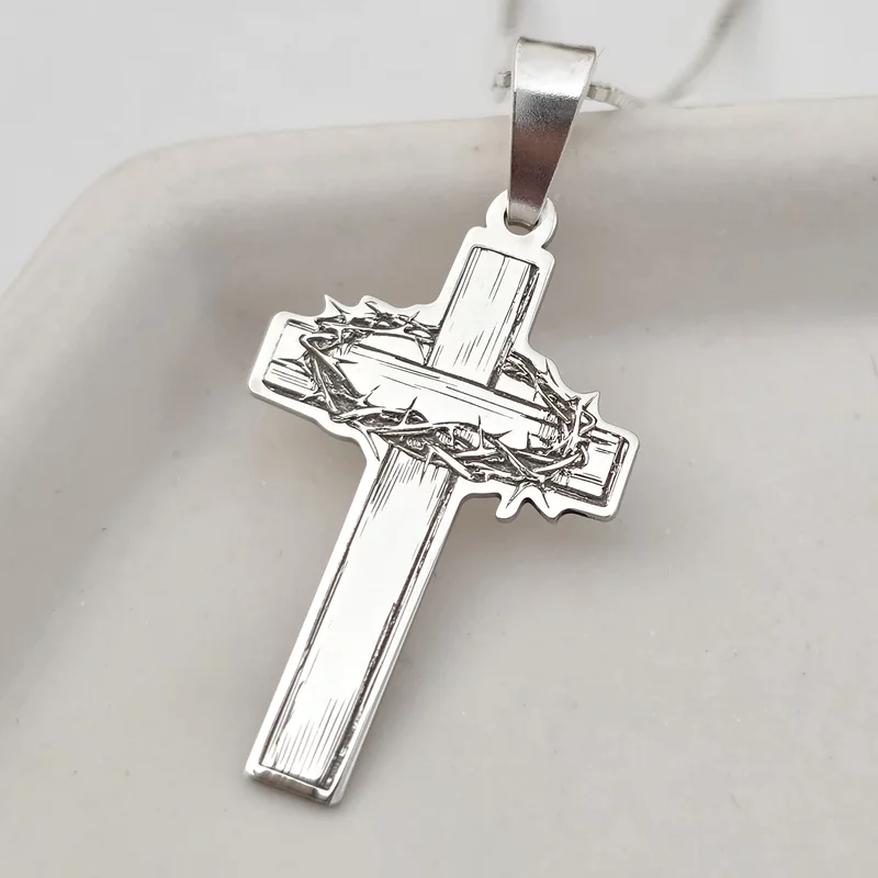 Lantisor Crucea de lemn cu Coroana de spini - Bijuterie cu Har - Argint 925 picture - 1