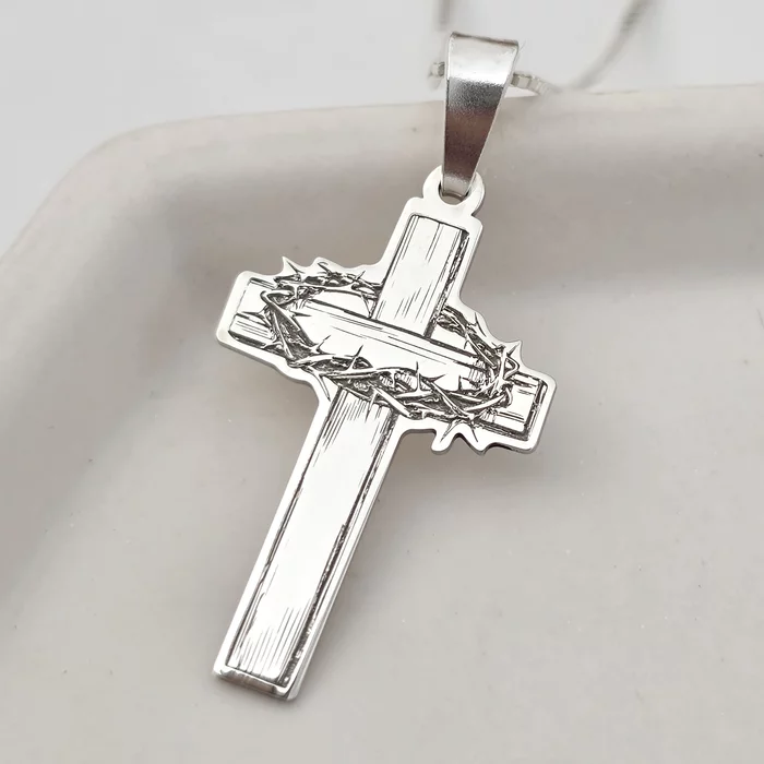 Lantisor Crucea de lemn cu Coroana de spini - Bijuterie cu Har - Argint 925