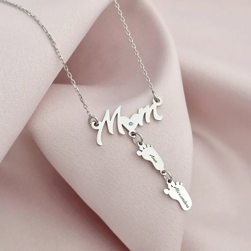 Lantisor cu Diamant Natural - Pandantiv Mom si 2 picioruse - Argint 925 Rodiat picture - 2