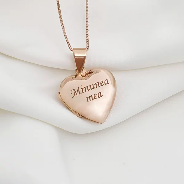 Lantisor cu medalion inima 20 mm cu poza in interior - Gravura personalizata - Argint 925 placat cu Aur Roz 18K