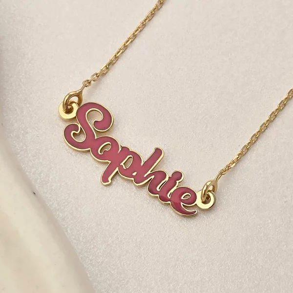 Lantisor cu nume si email roz  - Argint 925 placat cu Aur Galben 18K