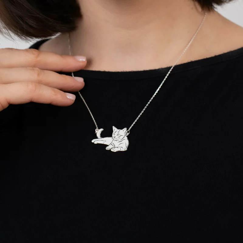 Lantisor personalizat - Pisica intinsa - Argint 925 picture - 4