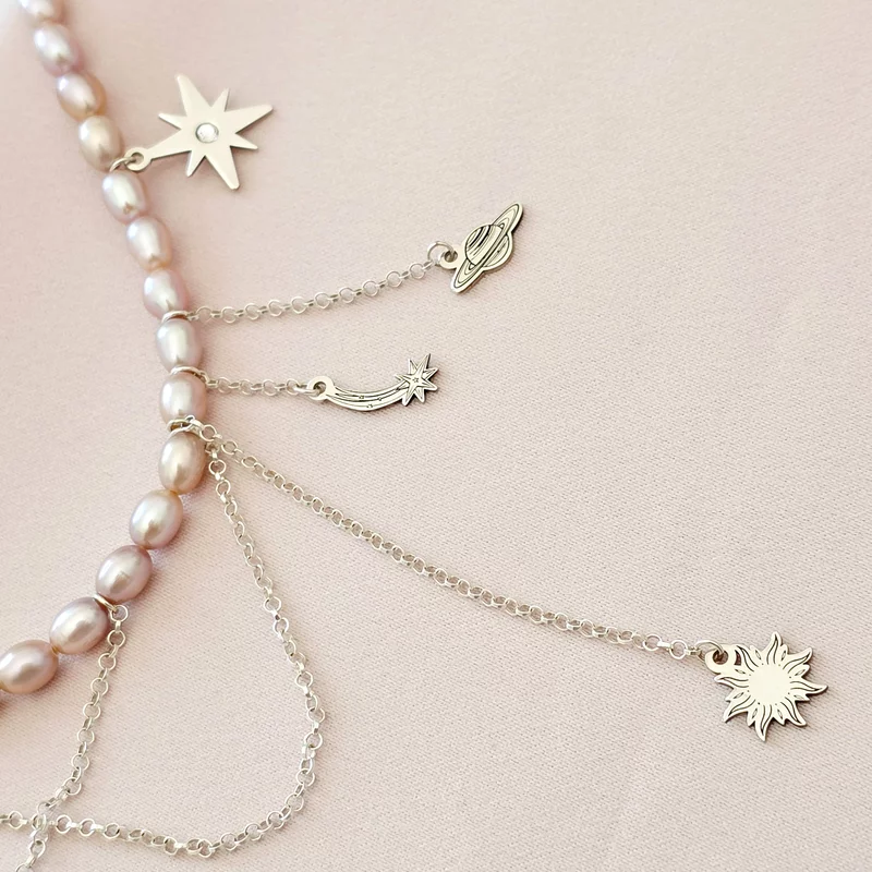 Lantisor cu Perle - Aventura in Cosmos - Model sirag perle rice mov cu lant si pandantive agatate - Argint 925 picture - 3