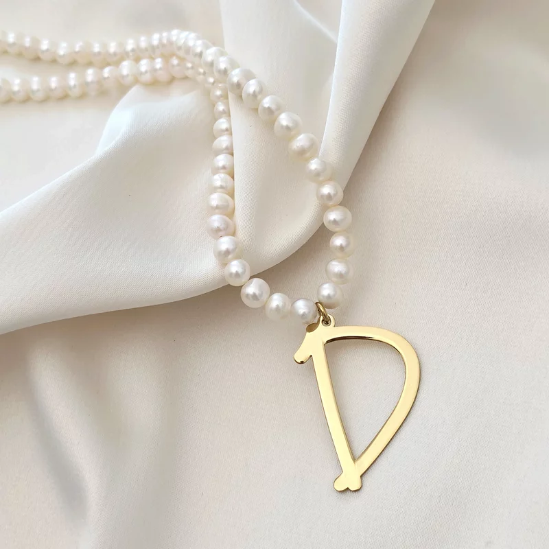 Lantisor cu Perle - Majuscula imensa - Model sirag perle cu initiala mare - Argint 925 placat cu Aur Galben 18K picture - 6