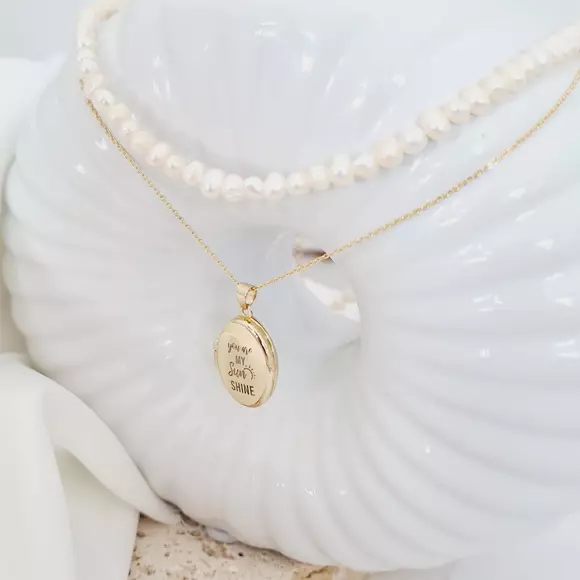 Lantisor cu Perle - Medalion amintirilor OVAL - Model 2 straturi cu sirag de perle si lantisor - Aur Galben 9K
