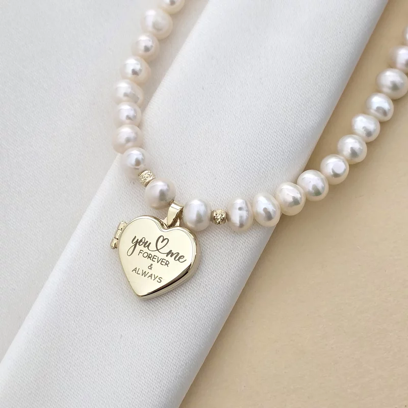 Lantisor cu Perle - Medalionul amintirilor INIMA - Model sirag de perle - Aur Galben 9K picture - 3