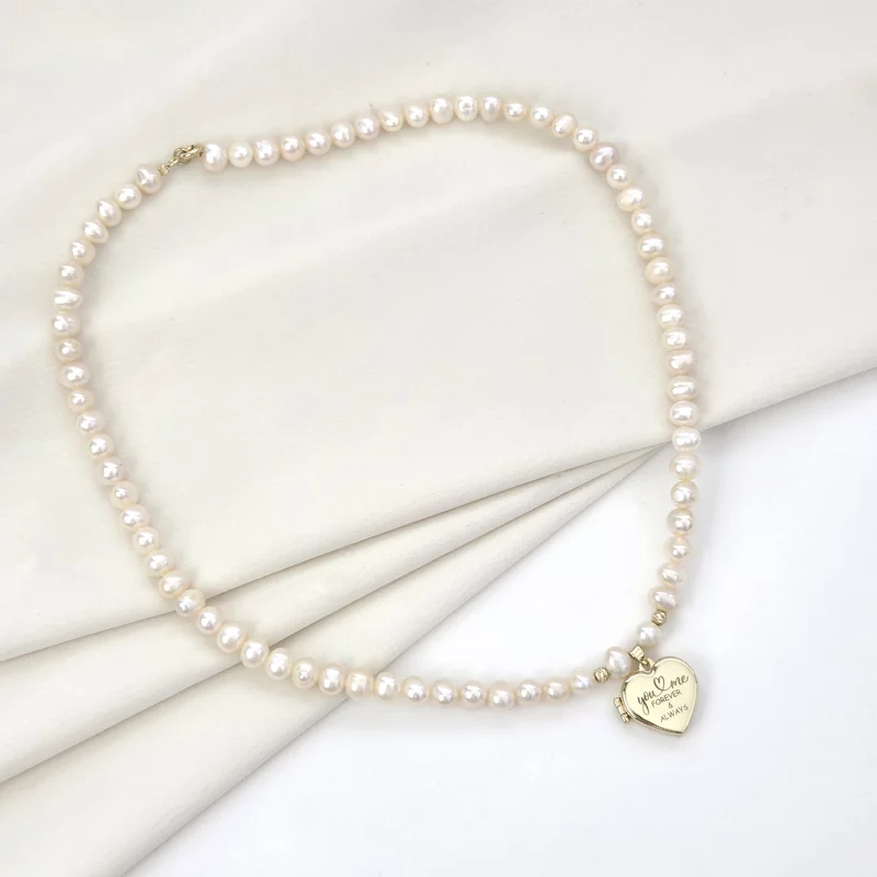 Lantisor cu Perle - Medalionul amintirilor INIMA - Model sirag de perle - Aur Galben 9K picture - 5