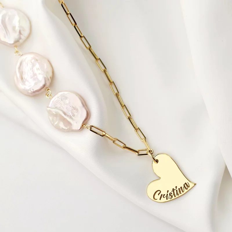Lantisor cu Perle - Numele inimii - Model cu pandantiv inima, 3 perle pinkie monede si lant cu zale - Argint 925 placat cu Aur Galben 18K picture - 2
