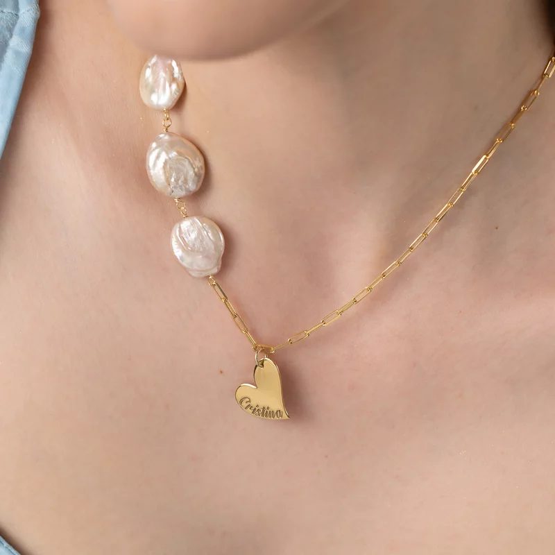 Lantisor cu Perle - Numele inimii - Model cu pandantiv inima, 3 perle pinkie monede si lant cu zale - Argint 925 placat cu Aur Galben 18K picture - 4