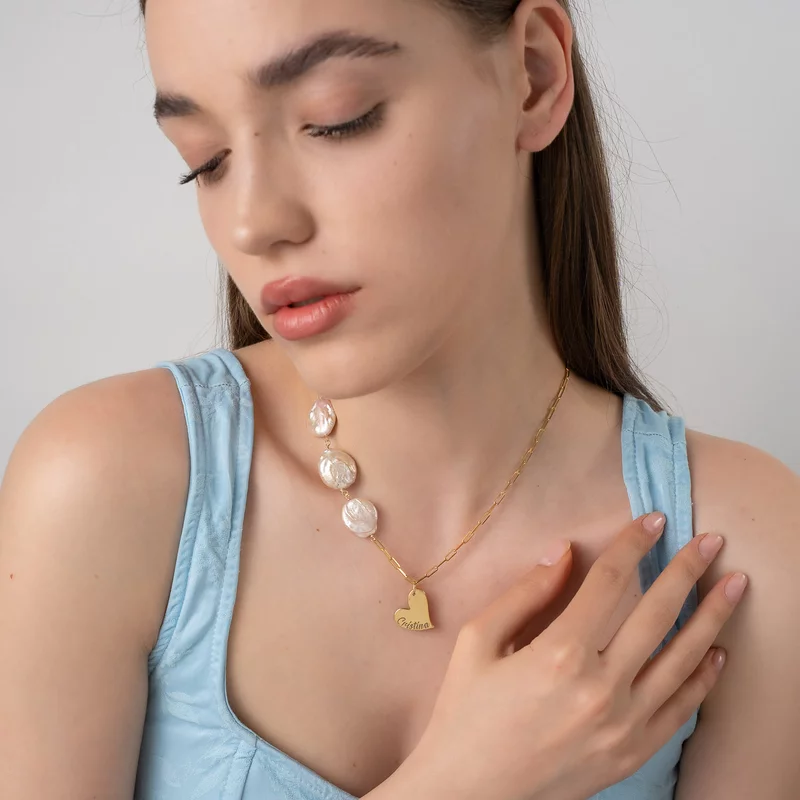 Lantisor cu Perle - Numele inimii - Model cu pandantiv inima, 3 perle pinkie monede si lant cu zale - Argint 925 placat cu Aur Galben 18K picture - 2