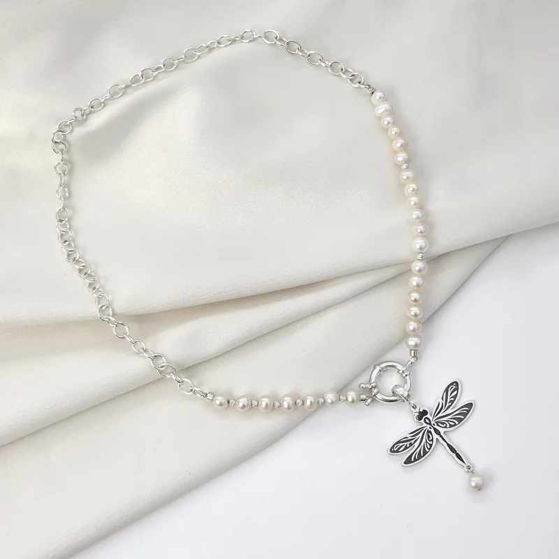 Lantisor cu Perle - pandantiv libelula -  Model sirag de perle albe cu bilute si lantisor - Argint 925 picture - 2