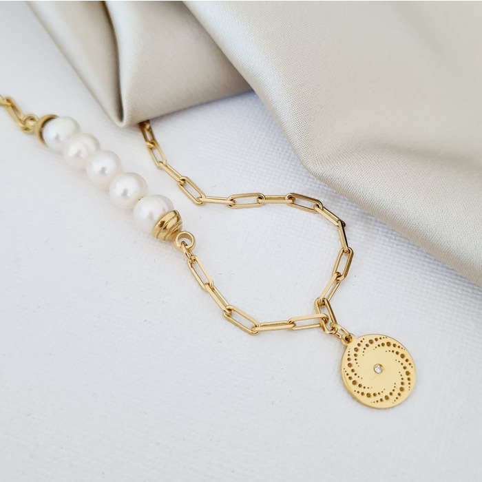 Lantisor cu Perle - Spirala de picaturi - Model 5 perle imbinate cu un lant cu zale - Diamant natural - Argint 925 placat cu Aur Galben 18K image7