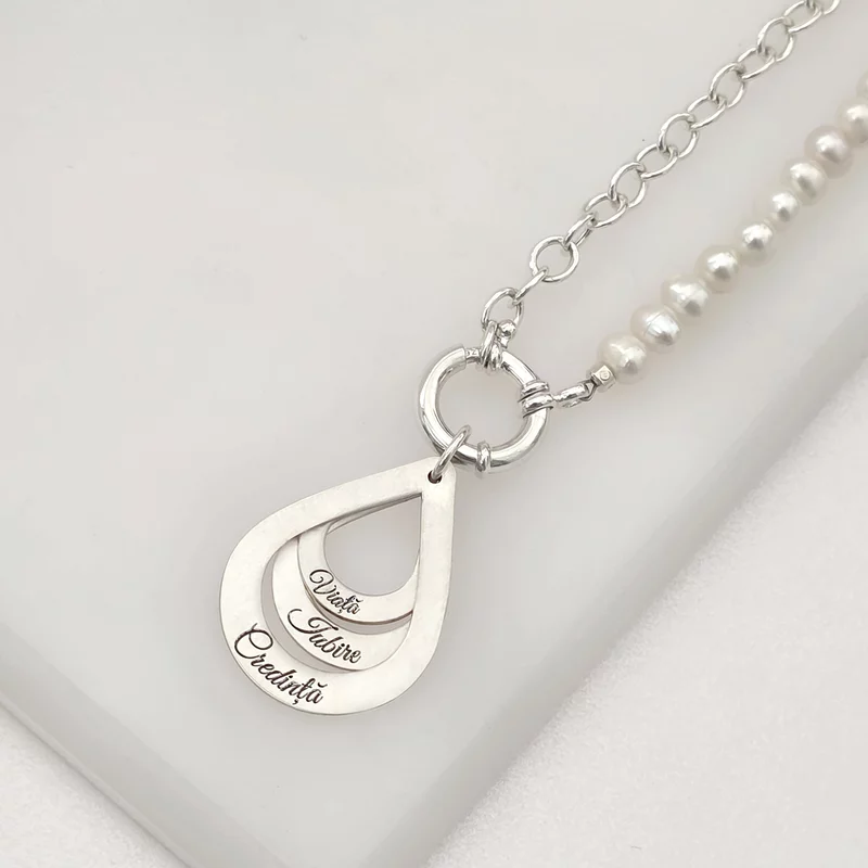 Lantisor cu Perle - trei picaturi suprapuse  - text personalizat -  Model sirag de perle stick albe si lantisor - Argint 925 matuit picture - 3