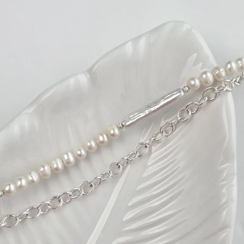 Lantisor cu Perle - trei picaturi suprapuse  - text personalizat -  Model sirag de perle stick albe si lantisor - Argint 925 matuit picture - 4