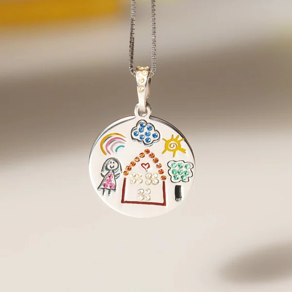Lantisor Emotii din Copilarie - Pandantiv cu email si cristale colorate dupa desenul copilului - Argint 925