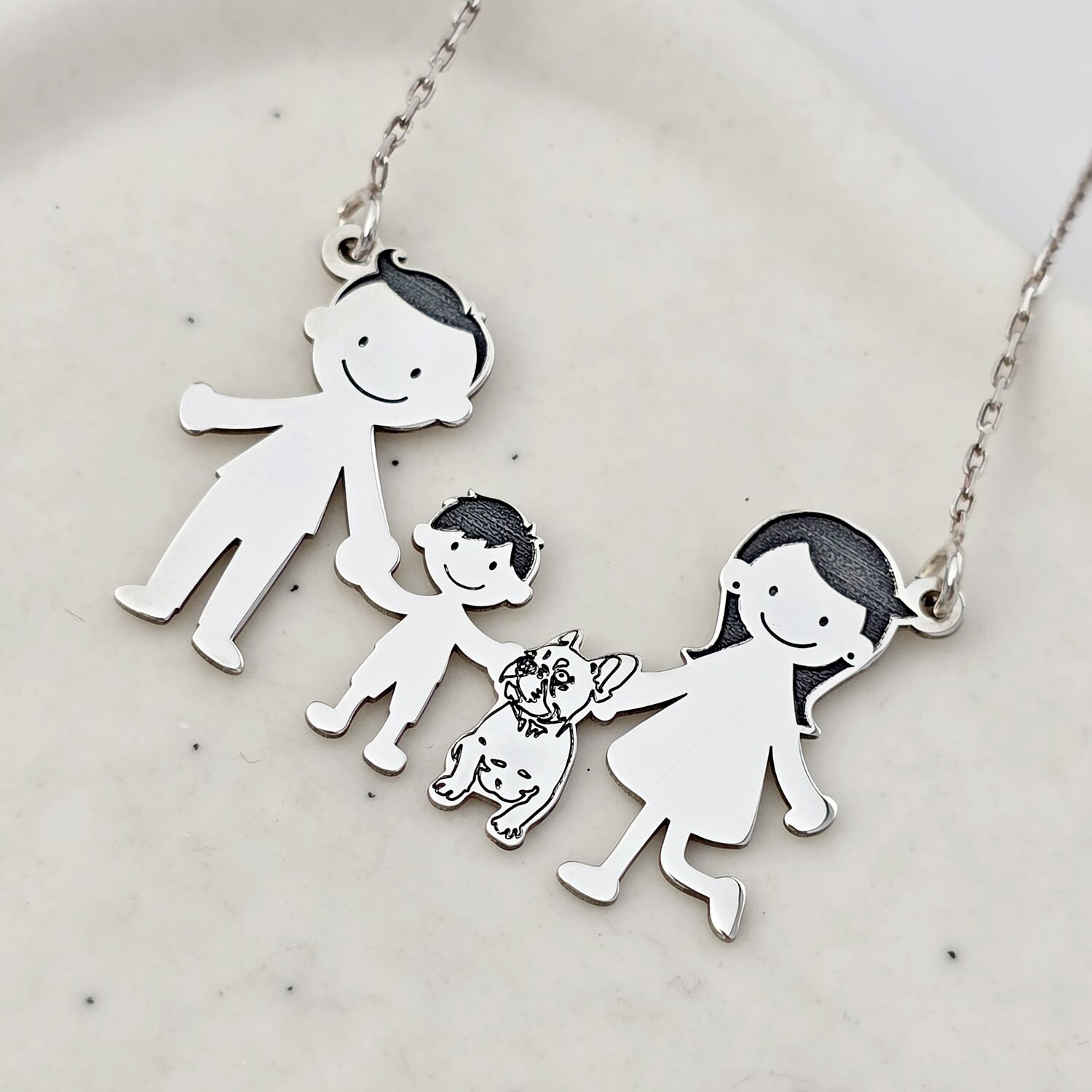 Lantisor Familie - 4 Membri cu Bulldog - Argint 925
