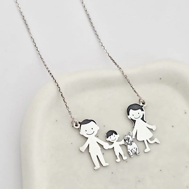 Lantisor Familie - 4 Membri cu Bulldog - Argint 925 picture - 3