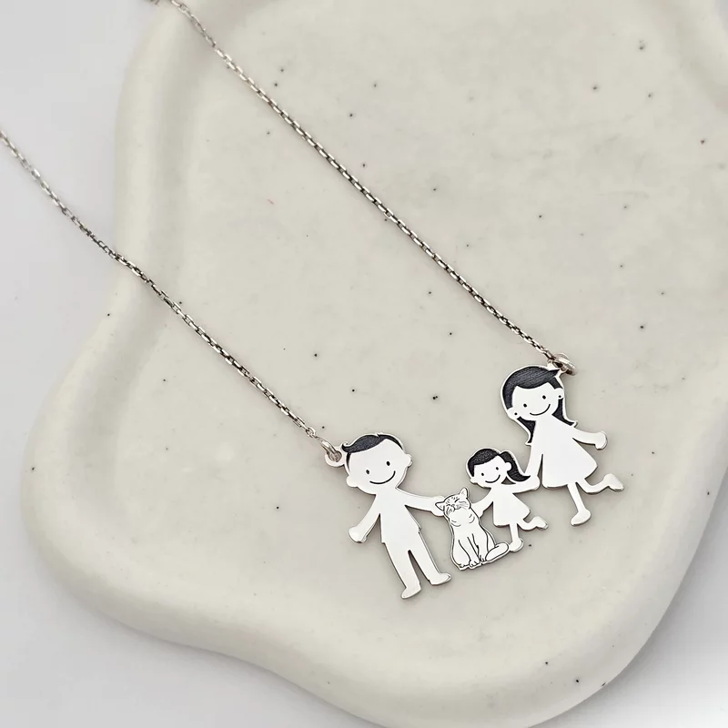Lantisor Familie - 4 Membri cu Pisica - Argint 925 picture - 2