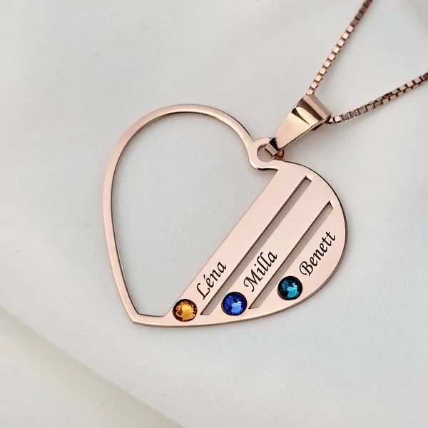 Lantisor Inima familiei - 3 nume si cristale Swarovski - Argint 925 placat cu Aur Roz 18K