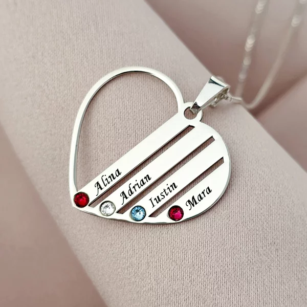 Lantisor Inima familiei - 4 nume si cristale Swarovski - Argint 925