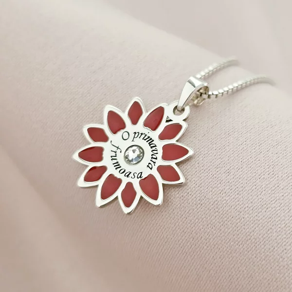 Lantisor Floare de Primavara – Argint 925 - Email rosu & Cristal Swarovski