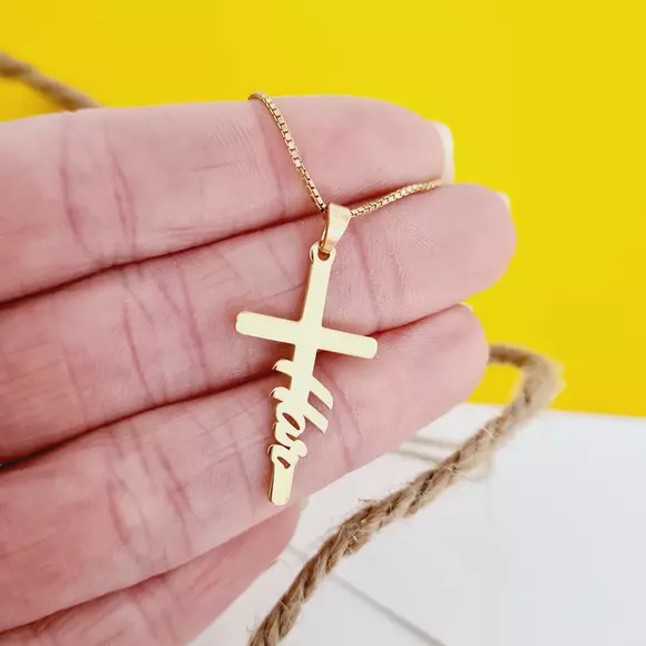 Lantisor Gratie divina - Bijuteri cu Har - Pandantiv cruce si cuvant - Argint 925 placat cu Aur Galben 18K