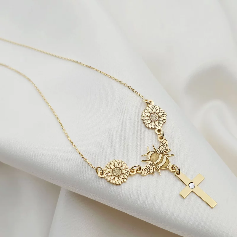 Lantisor IMPREUNA - Beelieve - Pandantiv cu flori, albina si cruce cu cristal Swarovski - Argint 925 placat cu Aur Galben 18K picture - 2