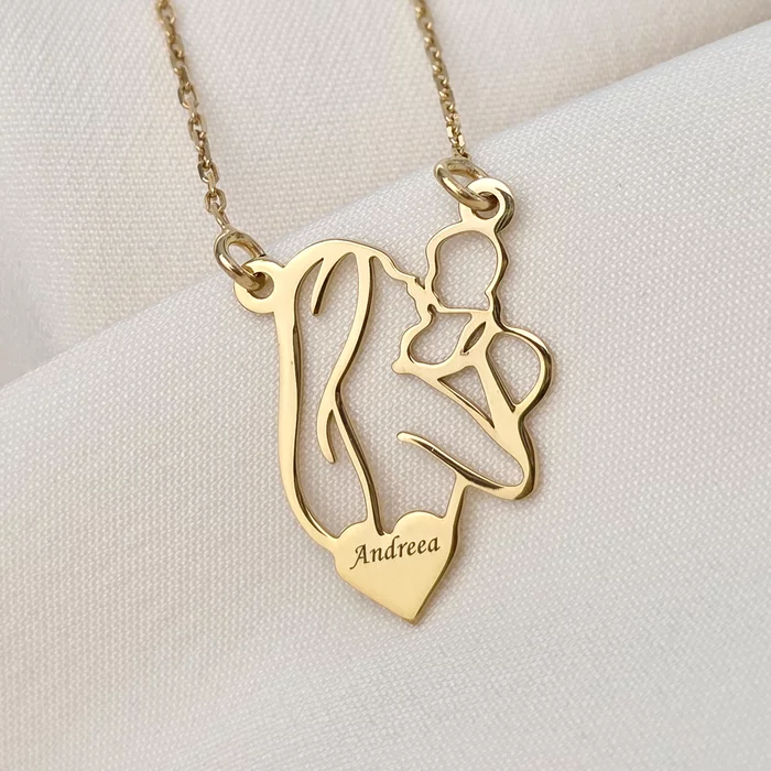 Lantisor In inima mamei - Pandantiv Mama&Bebe si inima personalizata cu nume - Argint 925 placat cu Aur Galben 18K