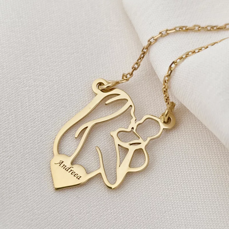 Lantisor In inima mamei - Pandantiv Mama&Bebe si inima personalizata cu nume - Argint 925 placat cu Aur Galben 18K picture - 5