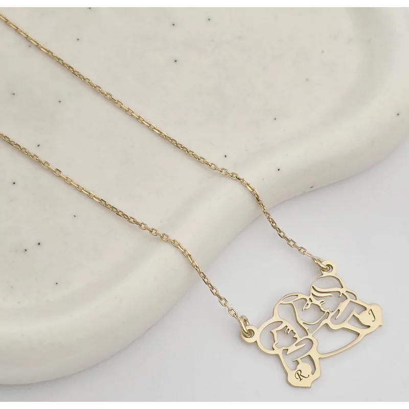 Lantisor In inima mamei - Pandantiv Mama&copii si inimi cu initiale - Argint 925 placat cu Aur Galben 18K picture - 3