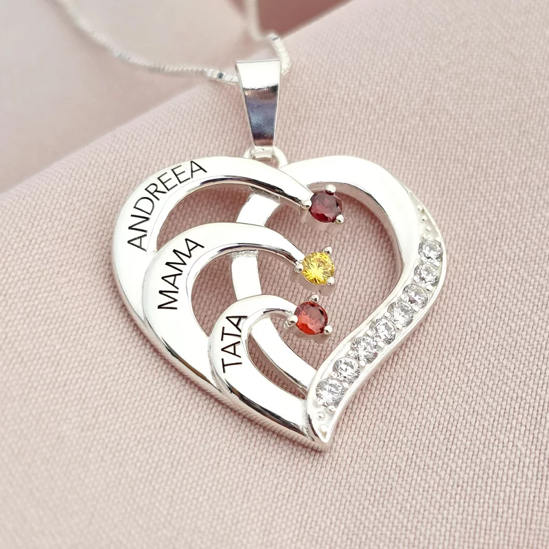 Lantisor Inima cu Poveste - 3 nume si Cristale Zirconia - Argint 925 picture - 1