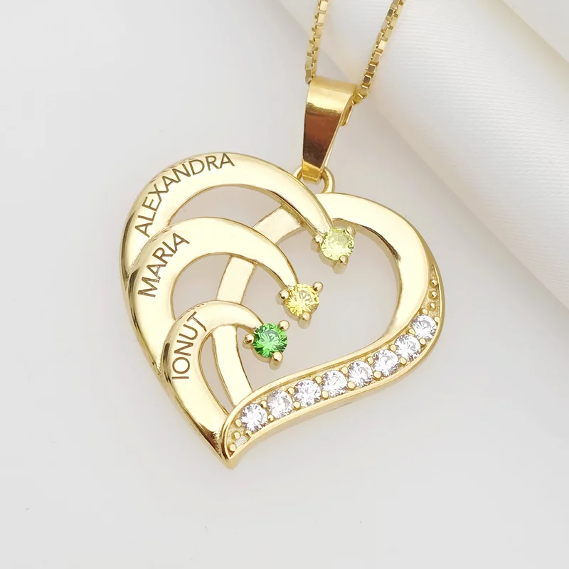 Lantisor Inima cu Poveste - 3 nume si Cristale Zirconia - Argint 925 placat cu Aur 18K