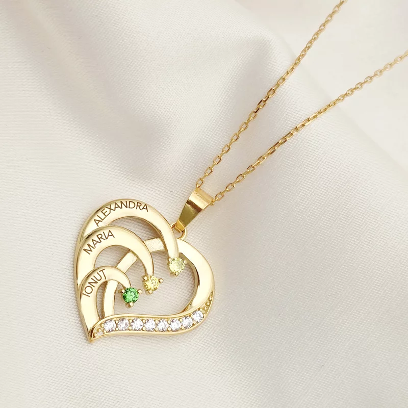 Lantisor Inima cu Poveste - 3 nume si Cristale Zirconia - Argint 925 placat cu Aur 18K picture - 3