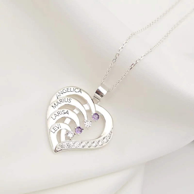 Lantisor Inima cu Poveste - 4 nume si Cristale Zirconia - Argint 925 picture - 2