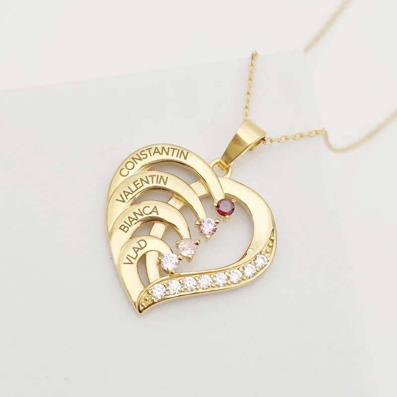 Lantisor Inima cu Poveste - 4 nume si Cristale Zirconia - Argint 925 placat cu Aur 18K picture - 2