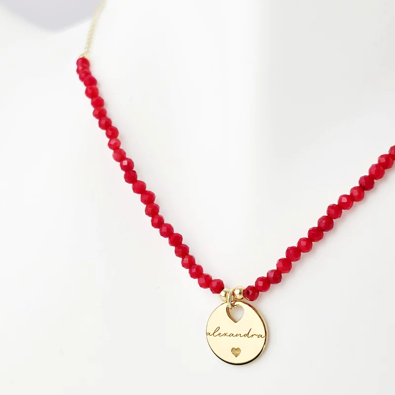 Lantisor Love Name - Pietre Coral & Pandantiv cu Nume si Inima - Argint placat cu Aur Galben 18K picture - 2