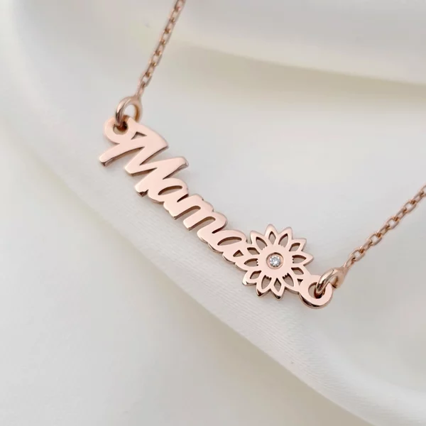 Lantisor mama, simbol floare si Diamant natural - Argint 925 placat cu Aur Roz 18K