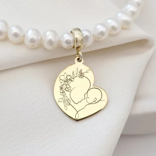 Lantisor Perlele Iubirii Materne - Model cu lant zale dreptunghiulare, pandantiv inima si perle - Argint 925 placat cu Aur galben 18K