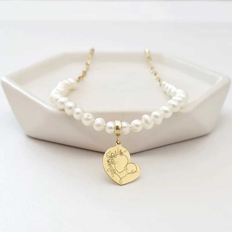 Lantisor Perlele Iubirii Materne - Model cu lant zale dreptunghiulare, pandantiv inima si perle - Argint 925 placat cu Aur galben 18K picture - 2