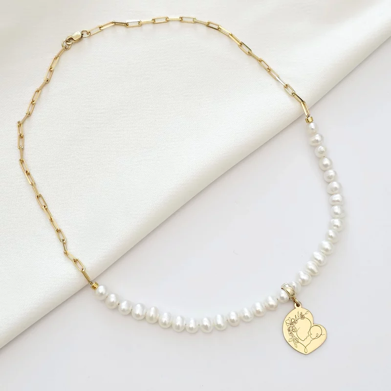 Lantisor Perlele Iubirii Materne - Model cu lant zale dreptunghiulare, pandantiv inima si perle - Argint 925 placat cu Aur galben 18K picture - 3