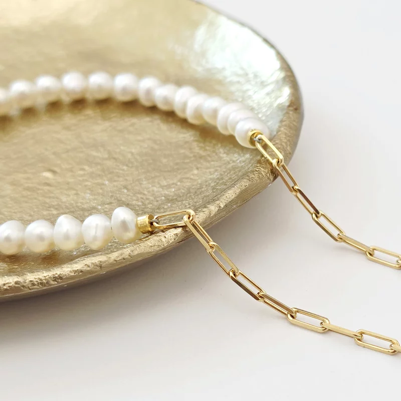 Lantisor Perlele Iubirii Materne - Model cu lant zale dreptunghiulare, pandantiv inima si perle - Argint 925 placat cu Aur galben 18K picture - 4