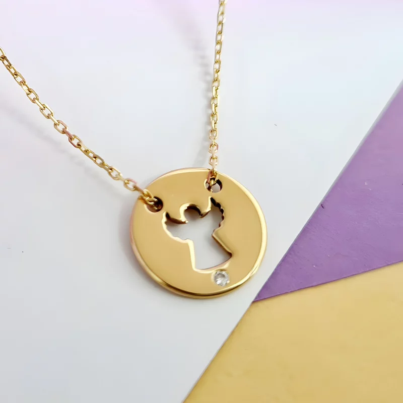 Lantisor personalizat cu Diamant natural - Pandantiv banut ingeras decupat - Aur Galben 14 K picture - 5