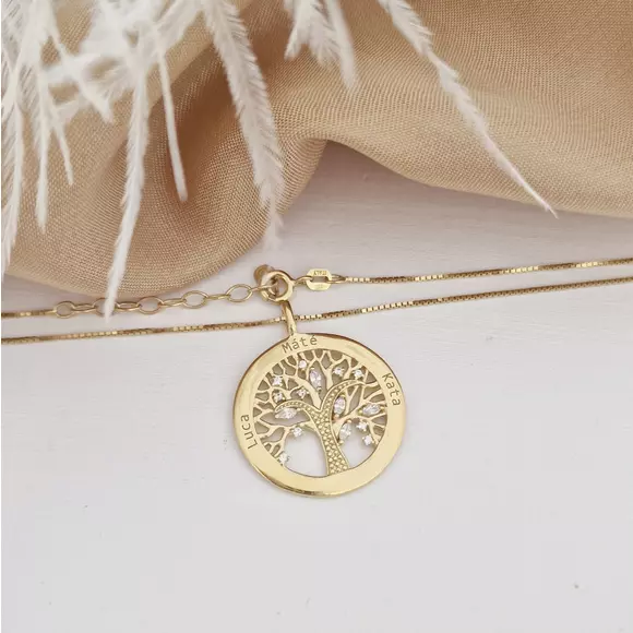 Lantisor personalizat cu nume - Copacul Vietii decorat cu Zirconii albe - Argint 925 placat cu Aur Galben 18K