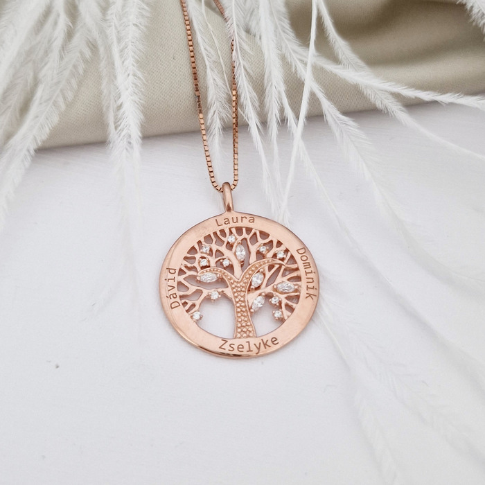 Lantisor personalizat cu nume – Copacul Vietii decorat cu Zirconii albe – Argint 925 placat cu Aur Roz 18K (toate)