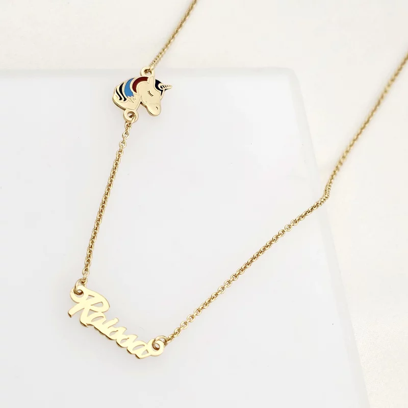 Lantisor personalizat cu Nume si pandantiv lateral Unicorn colorat cu email - Argint 925 placat cu Aur Galben 18K picture - 3