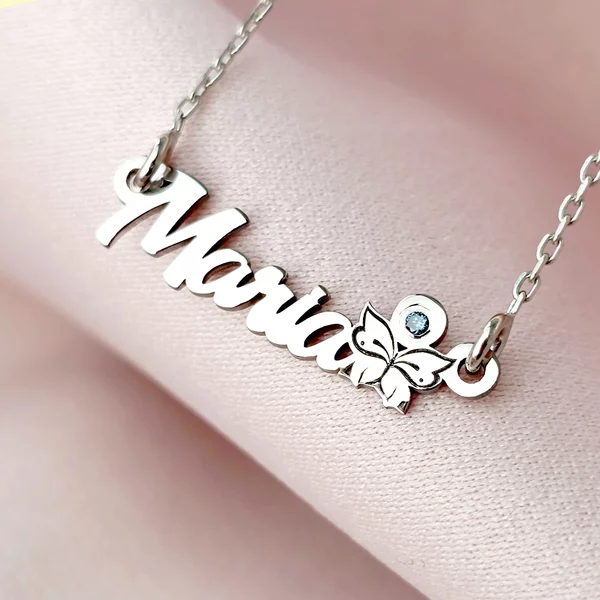 Lantisor personalizat cu Nume, simbol fluture si Diamant natural - Argint 925 Rodiat