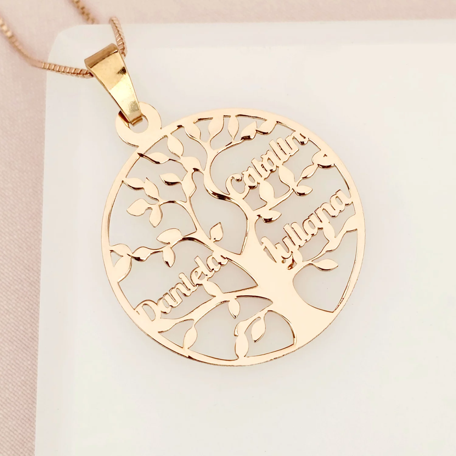 Lantisor premium - Copacul Vietii - personalizat cu nume - Argint 925 placat cu Aur roz 18K